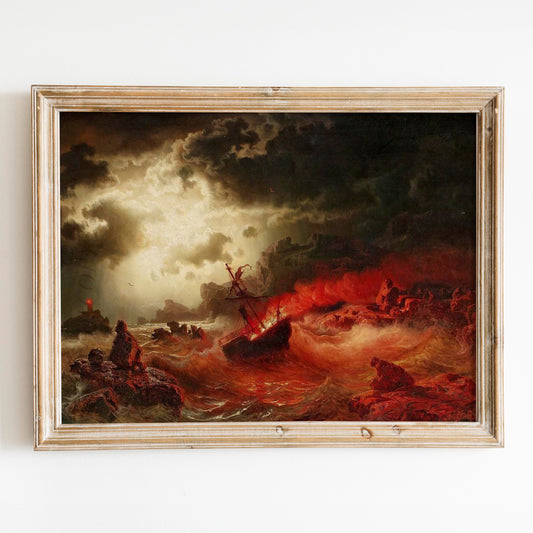 Ocean At Night With Burning Ship by Marcus Larson